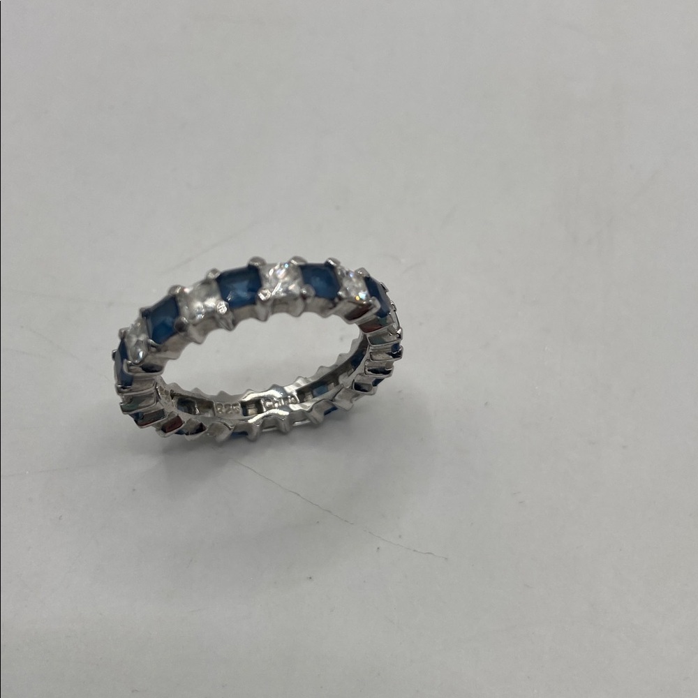 Sterling Silver Princess Cut Simulated Sapphire & Diamond Eternity Band Ring 7 - Picture 9 of 9